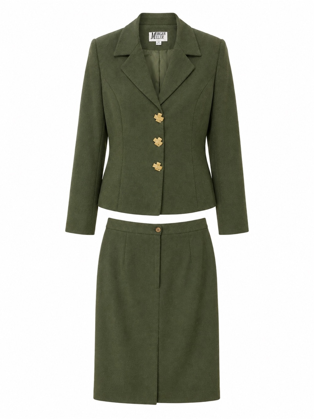 Morgan Miller Olive Green Two-Piece Skirt Suit with Gold Buttons